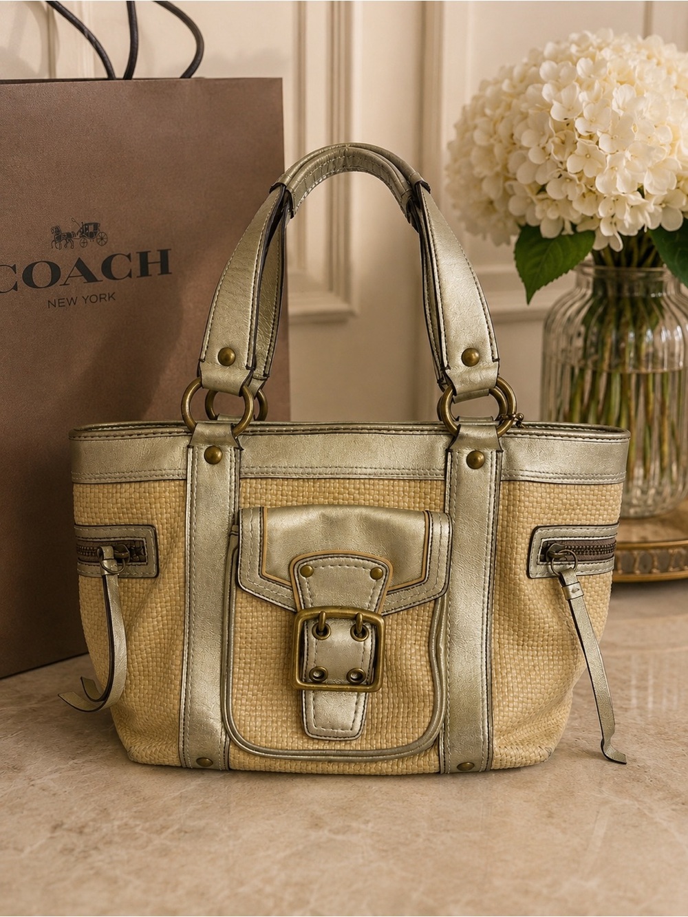 Coach Legacy Vintage Straw Metallic Gold Leather Tote Bag M05K-113